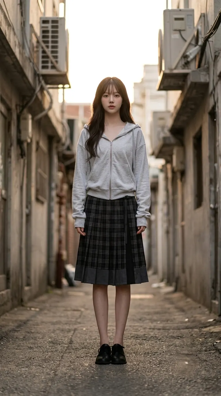 그레이 후드집업 + 체크 플리츠