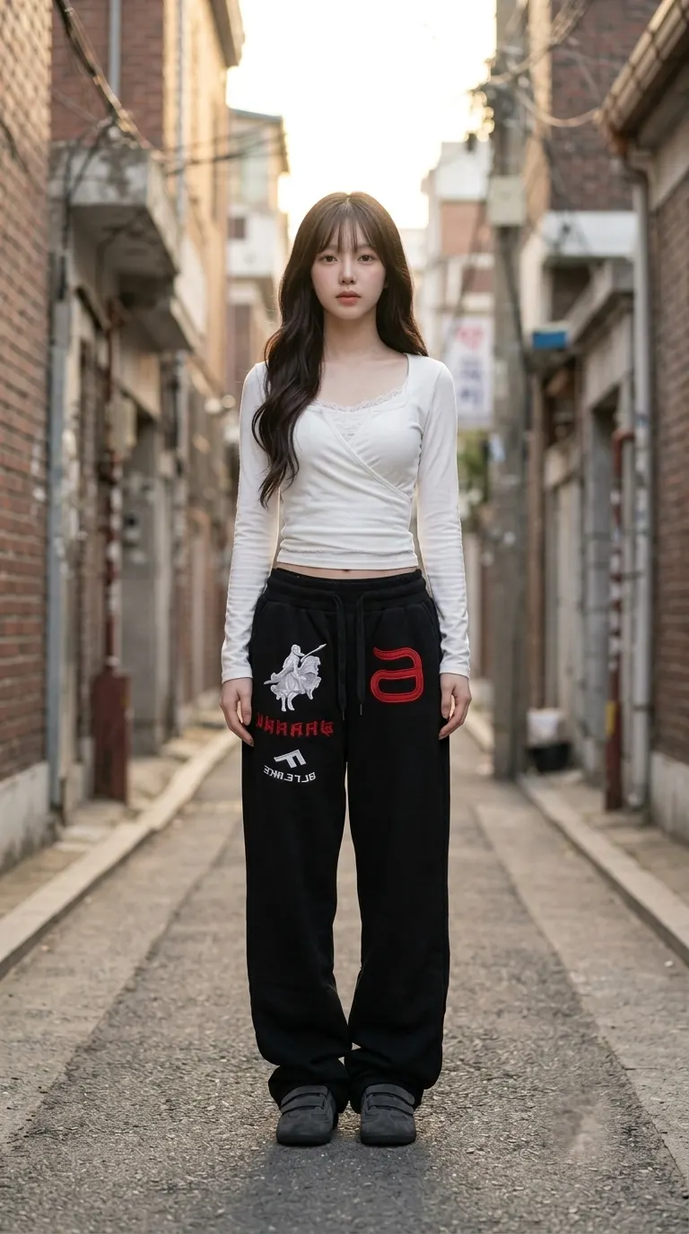 화이트 랩 티 + 그래픽 스웻팬츠