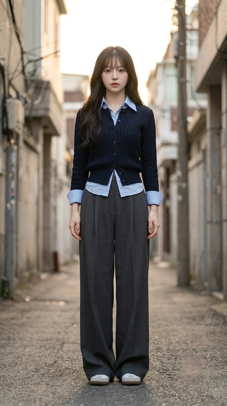 네이비 케이블 가디건 + 차콜 슬랙스